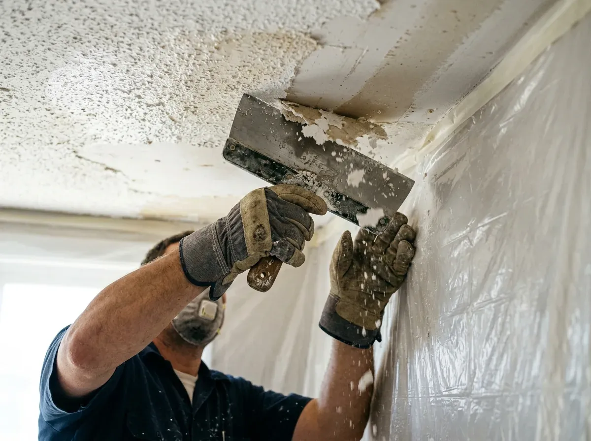 Popcorn ceiling texture being scraped with plastic sheeting below